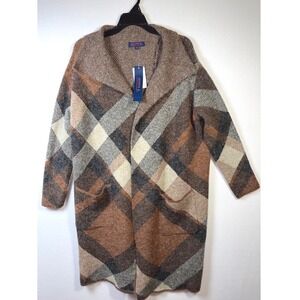 Joseph A Cardigan Women Small Brown New Plaid Open Front Shawl Collar Coatigan